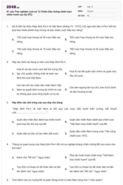 81 câu Trắc nghiệm Lịch sử 12 Chiến đấu chống chiến lược chiến tranh cục bộ (P2)
