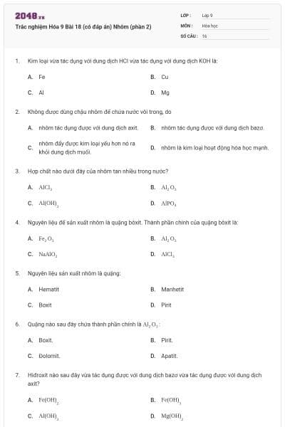 Trắc nghiệm Hóa 9 Bài 18 (có đáp án) Nhôm (phần 2)