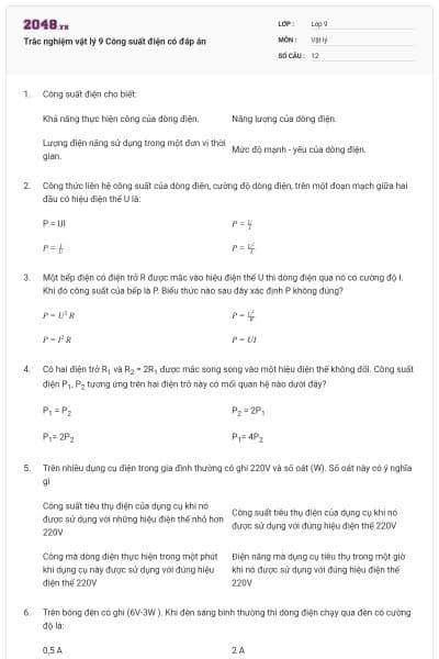 Trắc nghiệm vật lý 9 Công suất điện có đáp án