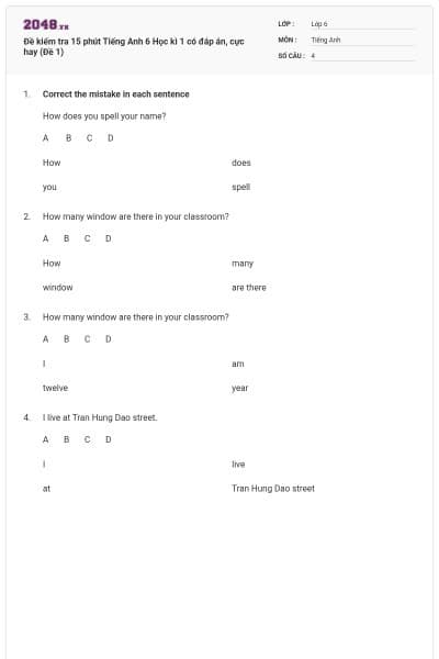 Đề kiểm tra 15 phút Tiếng Anh 6 Học kì 1 có đáp án, cực hay (Đề 1)