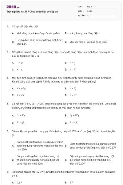 Trắc nghiệm vật lý 9 Công suất điện có đáp án