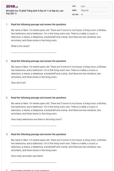 Đề kiểm tra 15 phút Tiếng Anh 6 Học kì 1 có đáp án, cực hay (Đề 1)