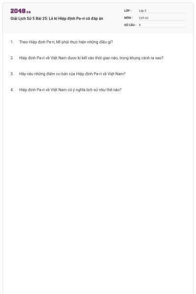 Giải Lịch Sử 5 Bài 25: Lễ kí Hiệp định Pa-ri có đáp án