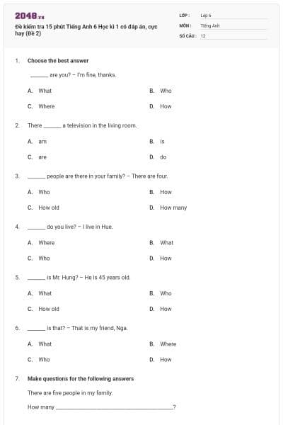 Đề kiểm tra 15 phút Tiếng Anh 6 Học kì 1 có đáp án, cực hay (Đề 2)
