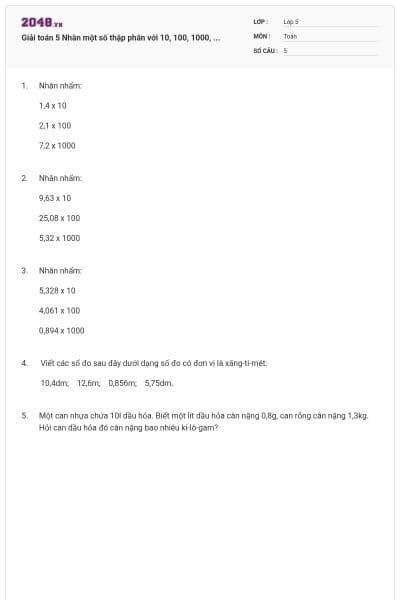 Giải toán 5 Nhân một số thập phân với 10, 100, 1000, ...