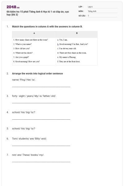 Đề kiểm tra 15 phút Tiếng Anh 6 Học kì 1 có đáp án, cực hay (Đề 3)