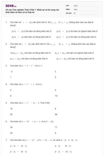 20 câu Trắc nghiệm Toán 9 Bài 1: Nhắc lại và bổ sung các khái niệm về hàm số có đáp án