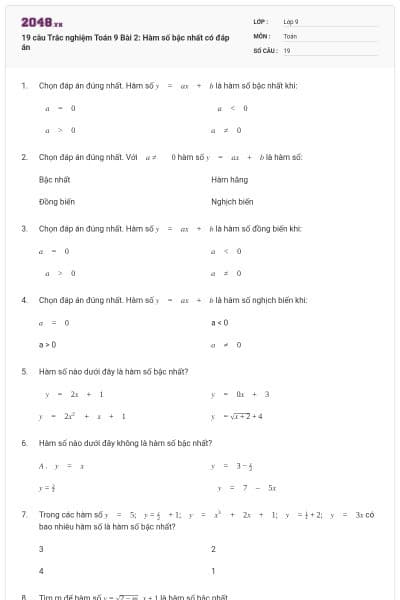 19 câu Trắc nghiệm Toán 9 Bài 2: Hàm số bậc nhất có đáp án