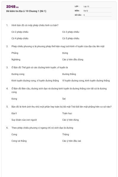 Đề kiểm tra Địa Lí 10 Chương 1 (Đề 1)