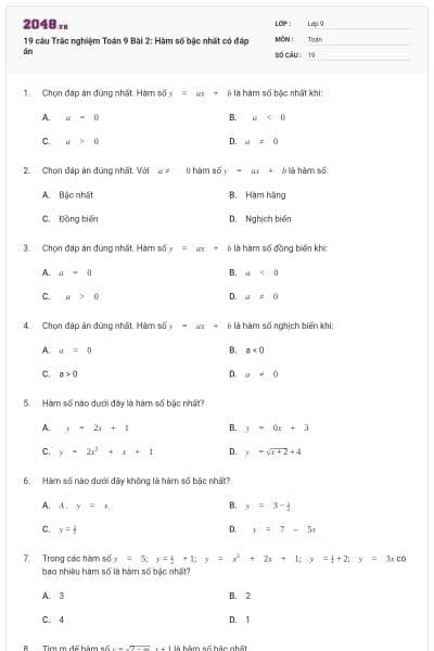 19 câu Trắc nghiệm Toán 9 Bài 2: Hàm số bậc nhất có đáp án