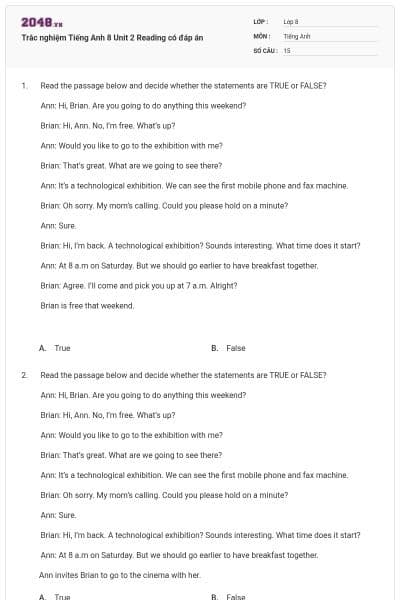 Trắc nghiệm Tiếng Anh 8 Unit 2 Reading có đáp án