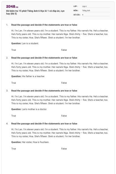 Đề kiểm tra 15 phút Tiếng Anh 6 Học kì 1 có đáp án, cực hay (Đề 5)