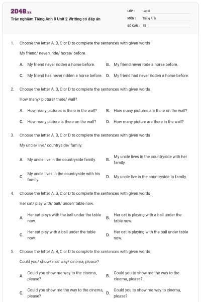 Trắc nghiệm Tiếng Anh 8 Unit 2 Writing có đáp án