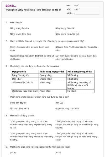 Trắc nghiệm vật lý 9 Điện năng - công dòng điện có đáp án