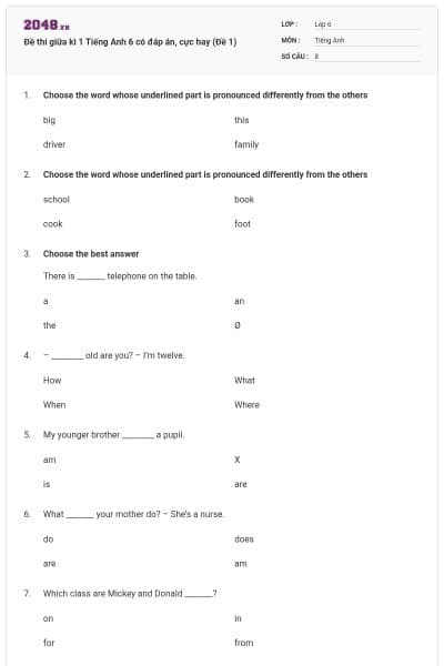 Đề thi giữa kì 1 Tiếng Anh 6 có đáp án, cực hay (Đề 1)