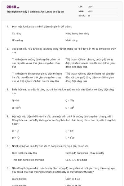 Trắc nghiệm vật lý 9 định luật Jun-Lenxơ có đáp án
