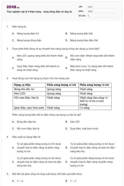 Trắc nghiệm vật lý 9 Điện năng - công dòng điện có đáp án
