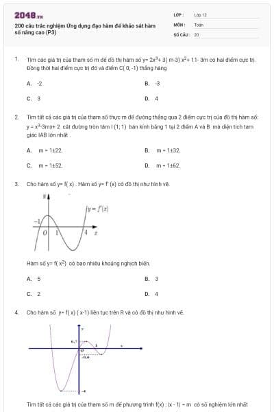 200 câu trắc nghiệm Ứng dụng đạo hàm để khảo sát hàm số nâng cao (P3)