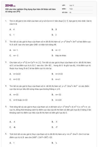 200 câu trắc nghiệm Ứng dụng đạo hàm để khảo sát hàm số nâng cao (P4)