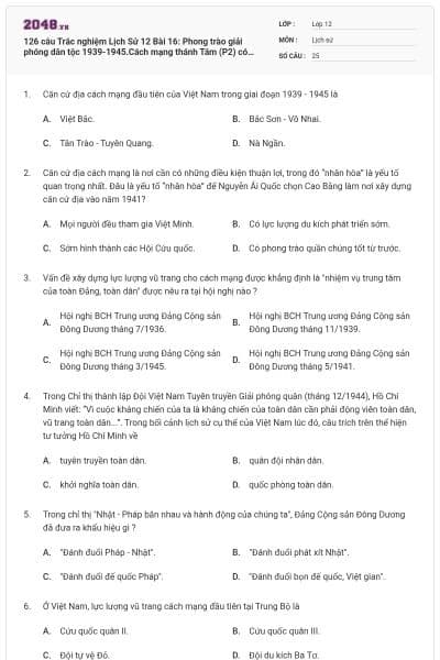126 câu  Trắc nghiệm Lịch Sử 12 Bài 16: Phong trào giải phóng dân tộc 1939-1945.Cách mạng thánh Tám (P2) có đáp án