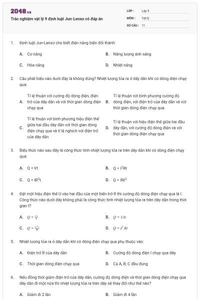 Trắc nghiệm vật lý 9 định luật Jun-Lenxơ có đáp án