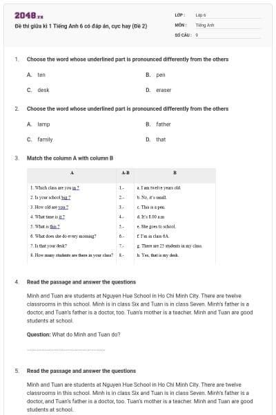 Đề thi giữa kì 1 Tiếng Anh 6 có đáp án, cực hay (Đề 2)