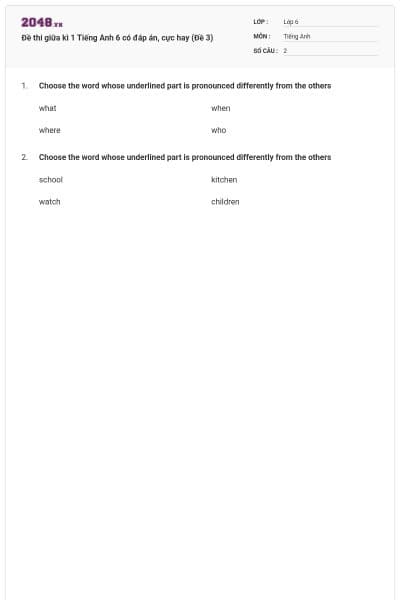 Đề thi giữa kì 1 Tiếng Anh 6 có đáp án, cực hay (Đề 3)