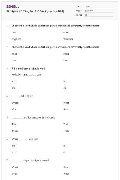 Đề thi giữa kì 1 Tiếng Anh 6 có đáp án, cực hay (Đề 4)