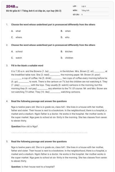 Đề thi giữa kì 1 Tiếng Anh 6 có đáp án, cực hay (Đề 3)