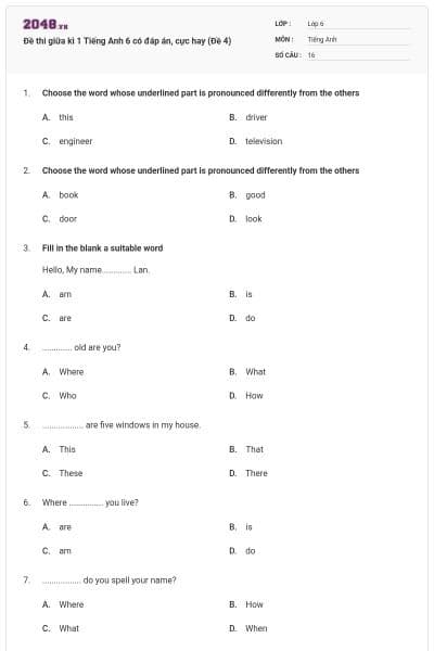 Đề thi giữa kì 1 Tiếng Anh 6 có đáp án, cực hay (Đề 4)