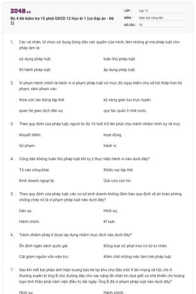 Bộ 4 Đề kiểm tra 15 phút GDCD 12 Học kì 1 (có đáp án - Đề 2)