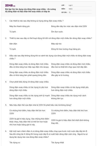 Bài tập Các tác dụng của dòng điện xoay chiều - đo cường độ dòng điện và hiệu điện thế xoay chiều có đáp án