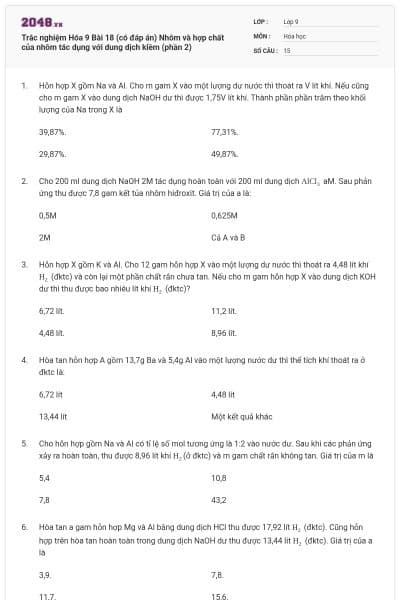 Trắc nghiệm Hóa 9 Bài 18 (có đáp án) Nhôm và hợp chất của nhôm tác dụng với dung dịch kiềm (phần 2)