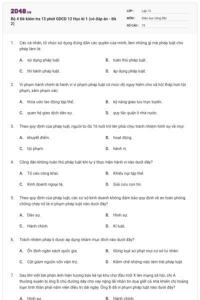 Bộ 4 Đề kiểm tra 15 phút GDCD 12 Học kì 1 (có đáp án - Đề 2)