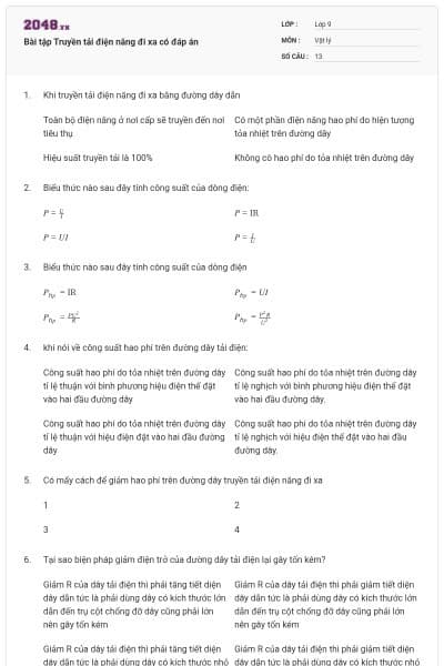 Bài tập Truyền tải điện năng đi xa có đáp án