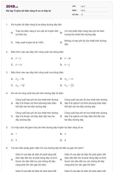 Bài tập Truyền tải điện năng đi xa có đáp án