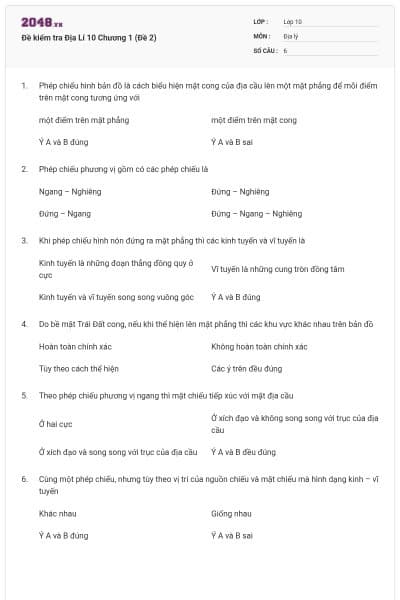 Đề kiểm tra Địa Lí 10 Chương 1 (Đề 2)