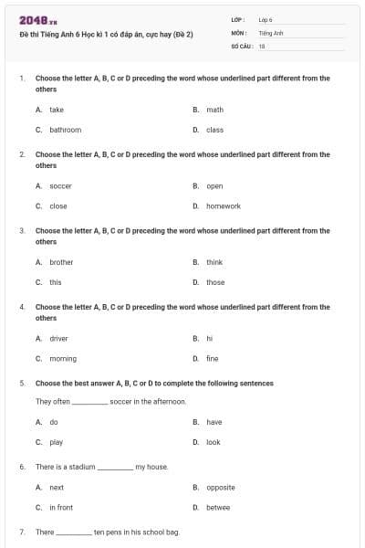 Đề thi Tiếng Anh 6 Học kì 1 có đáp án, cực hay (Đề 2)