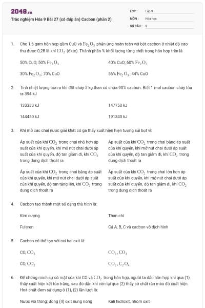 Trắc nghiệm Hóa 9 Bài 27 (có đáp án) Cacbon (phần 2)