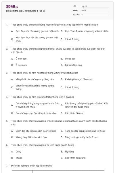 Đề kiểm tra Địa Lí 10 Chương 1 (Đề 3)