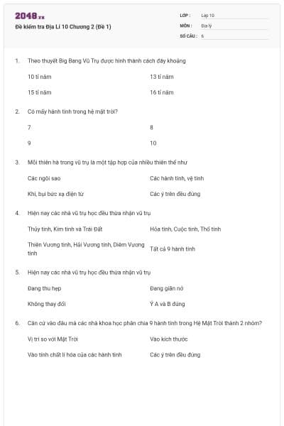 Đề kiểm tra Địa Lí 10 Chương 2 (Đề 1)