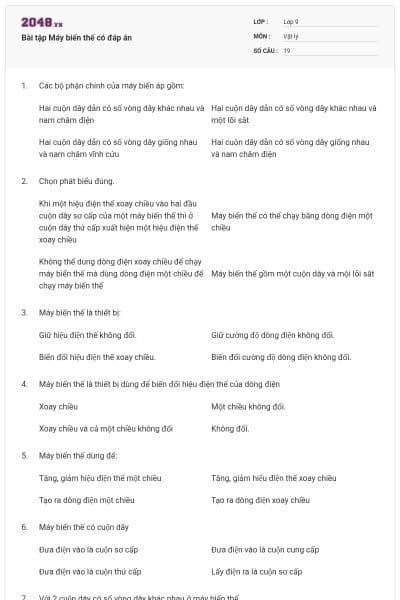 Bài tập Máy biến thế có đáp án
