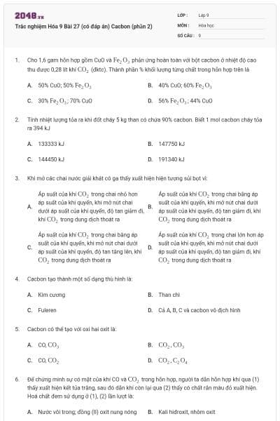 Trắc nghiệm Hóa 9 Bài 27 (có đáp án) Cacbon (phần 2)