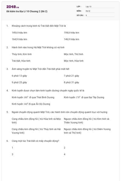 Đề kiểm tra Địa Lí 10 Chương 2 (Đề 2)