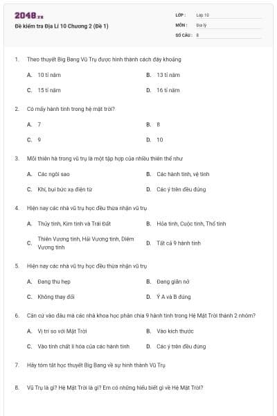 Đề kiểm tra Địa Lí 10 Chương 2 (Đề 1)