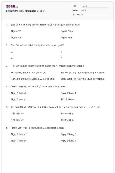 Đề kiểm tra Địa Lí 10 Chương 2 (Đề 3)