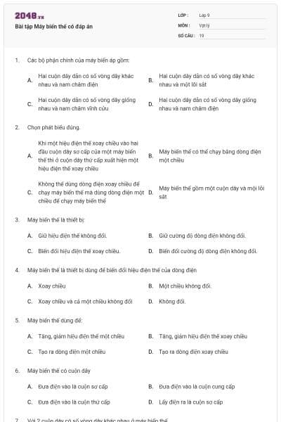 Bài tập Máy biến thế có đáp án