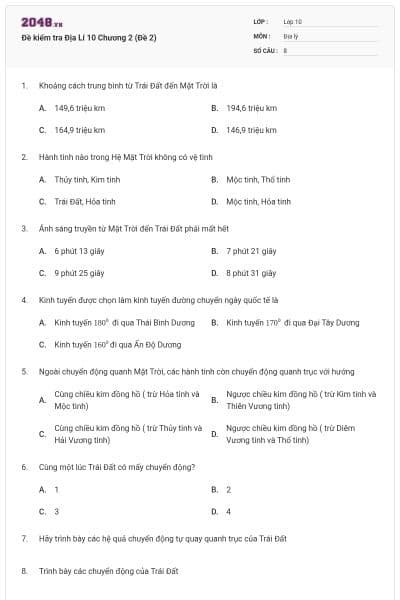 Đề kiểm tra Địa Lí 10 Chương 2 (Đề 2)