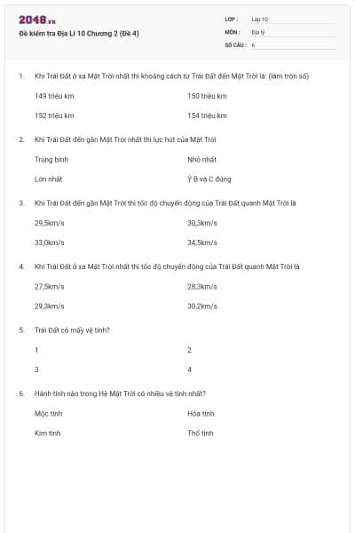 Đề kiểm tra Địa Lí 10 Chương 2 (Đề 4)