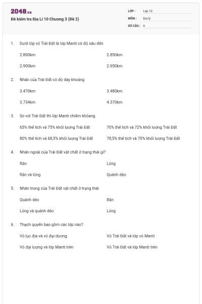 Đề kiểm tra Địa Lí 10 Chương 3 (Đề 2)